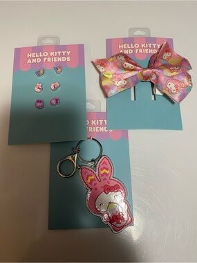 Hello Kitty Pink Multicolor Bow, Earrings & Keychain Set